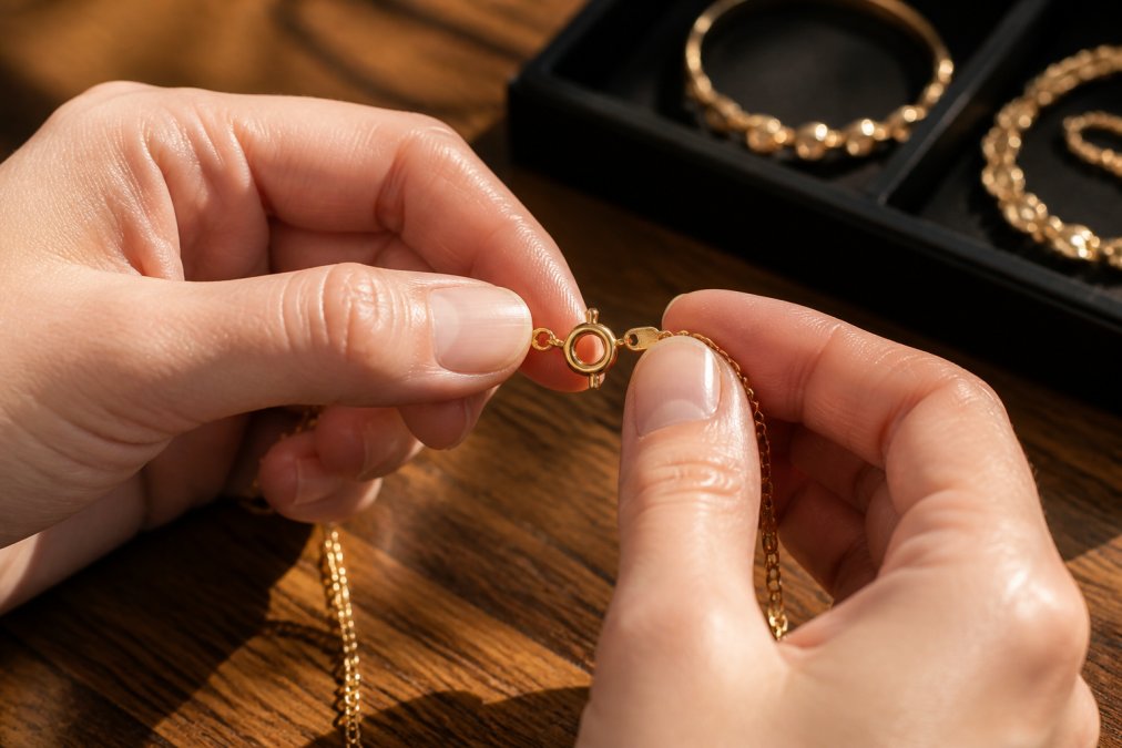 Close-up of hands holding a gold necklace, examining the clasp and prong settings under bright warm light on a wooden table