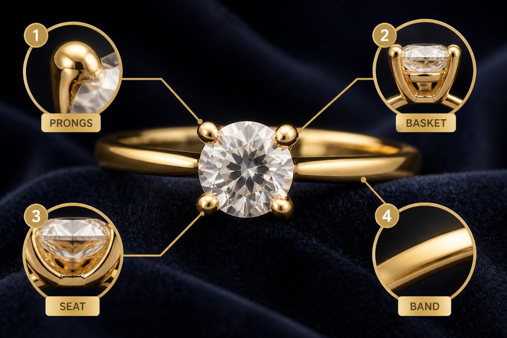 Macro photograph of a small clear gemstone held in a four-prong gold setting on a ring, placed on dark navy velvet under bright directional lighting showing the metalwork detail and stone clarity