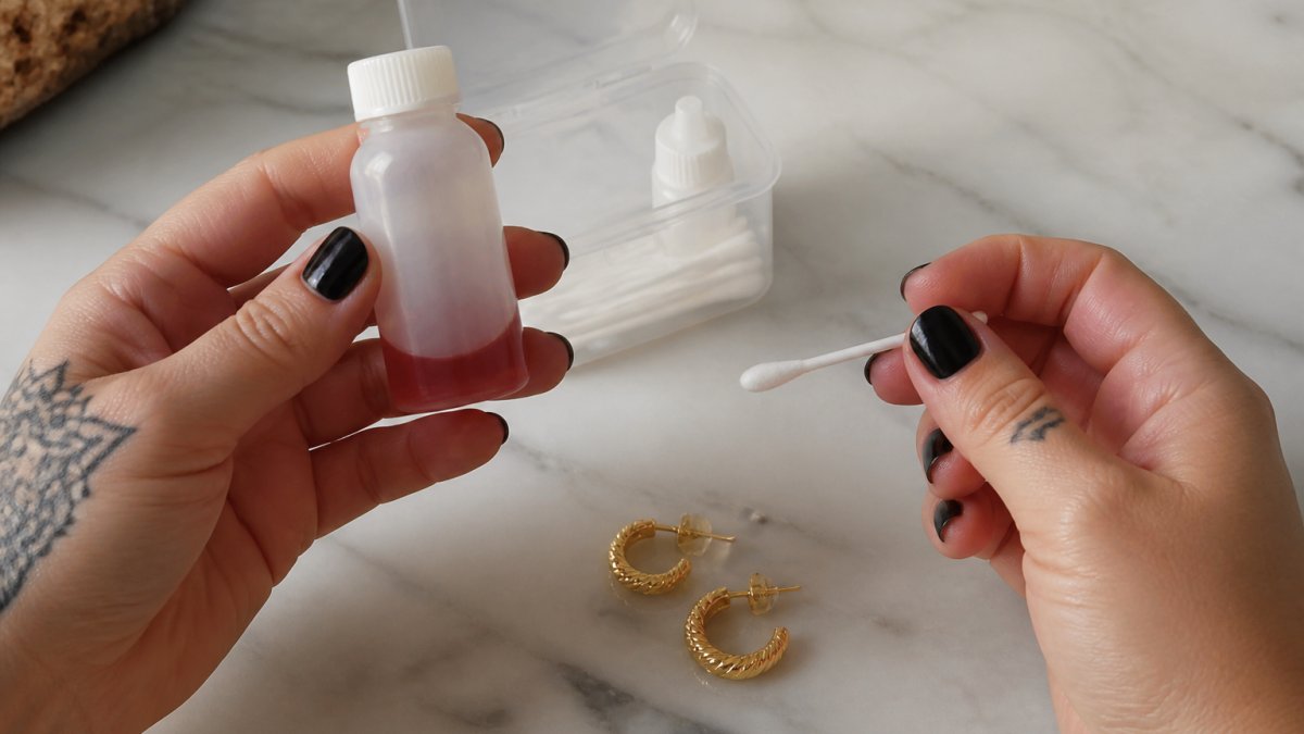 Close-up of hands holding a small dimethylglyoxime test kit and a cotton swab next to a pair of gold earrings on a clean countertop