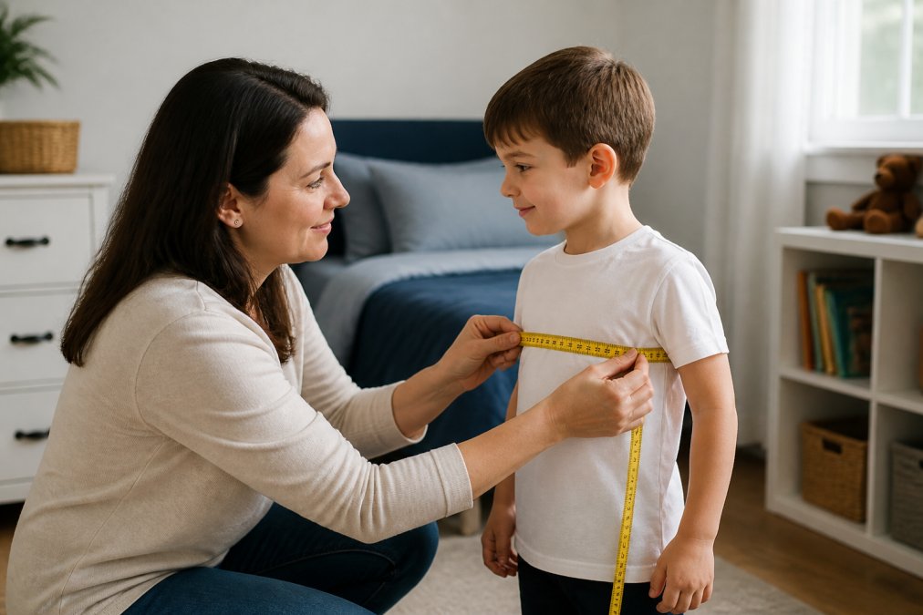 A parent kneeling beside a young child in a bright, tidy bedroom, wrapping a soft yellow measuring tape around the child's chest while the child stands relaxed in a plain t-shirt, soft daylight from a nearby window