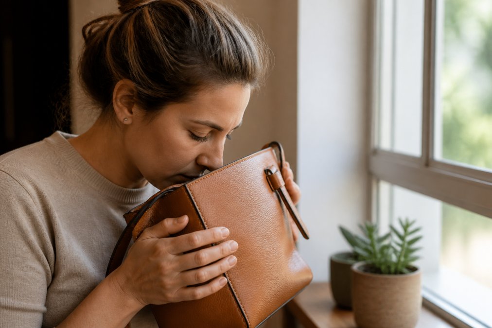 Close-up of hands holding a genuine leather handbag near someone's face, demonstrating proper smell-testing technique with natural window lighting
