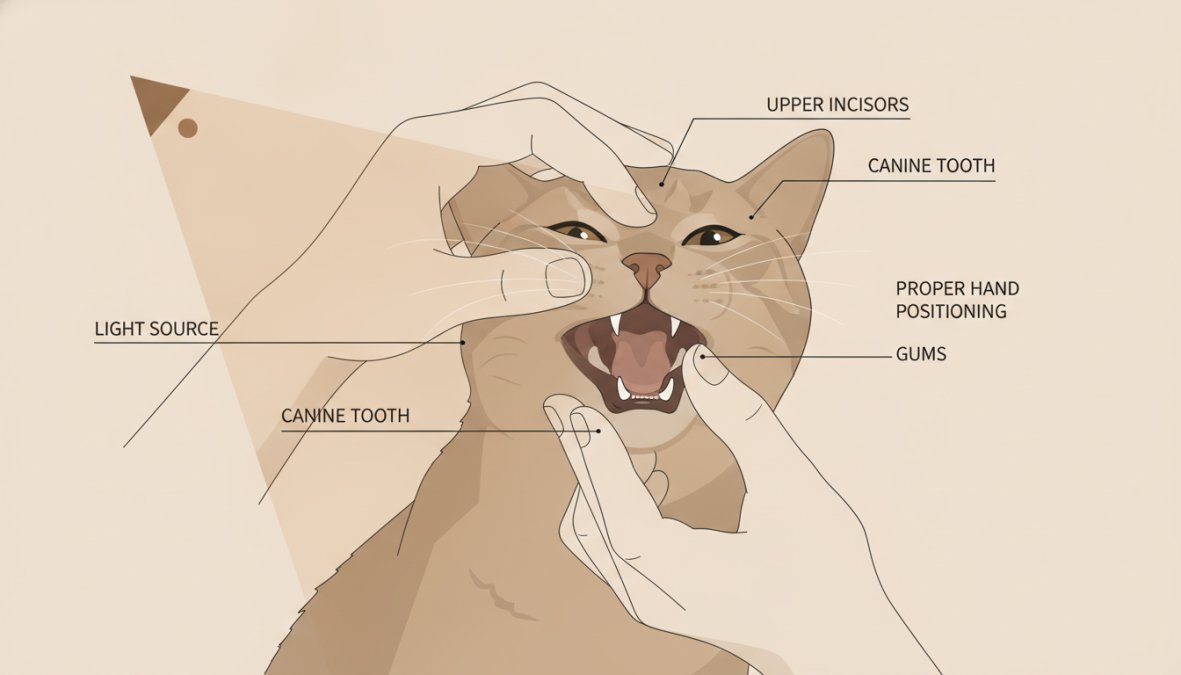 Close-up of a person gently opening a cat's mouth to examine the teeth and gums, showing proper hand positioning and lighting for a home oral check