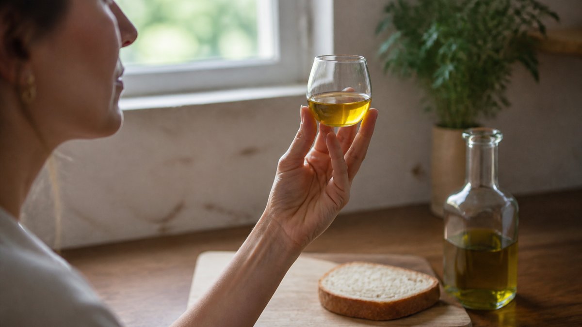 Close-up of a person holding a small glass of golden-green olive oil up to natural light, with a slice of bread and a glass bottle on a wooden kitchen bench behind them