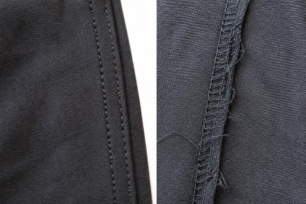 Detailed close-up showing a well-constructed seam with tight, even stitching next to a poorly finished seam with loose threads and gaps, on contrasting fabric backgrounds