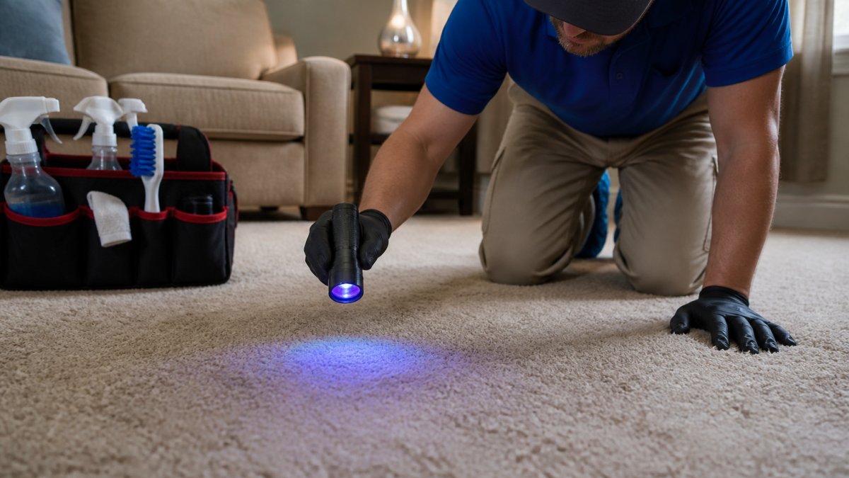 A homeowner kneeling on a carpet in a dimly lit living room, holding a handheld blacklight flashlight over the floor, with a faint glowing spot visible on the carpet fibers
