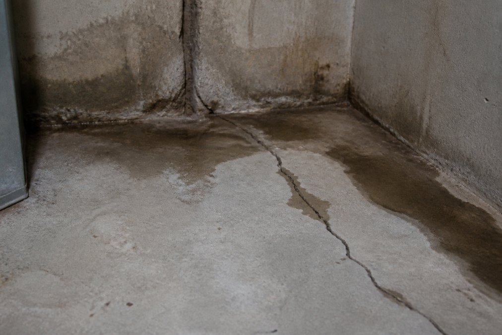 A visible crack in a concrete basement floor or foundation wall with moisture staining and water damage visible around the crack area