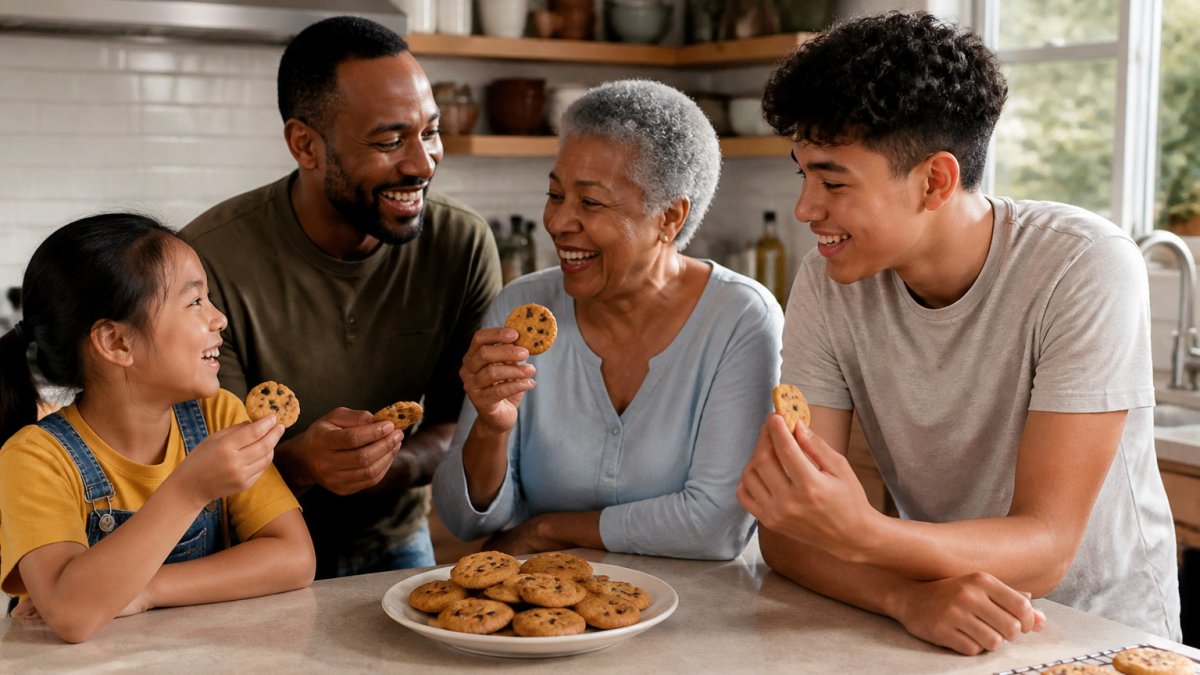Multi-generational family enjoying fresh homemade chocolate chip cookies together at a kitchen counter