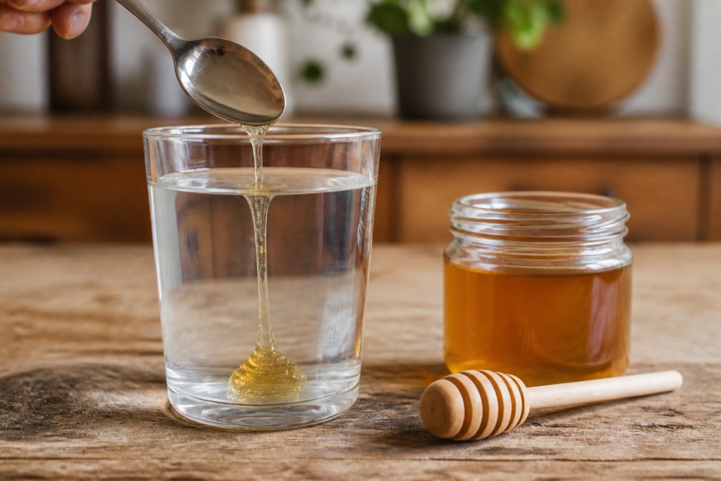 Close-up of a clear glass of water with a spoonful of golden honey slowly sinking, set on a rustic wooden kitchen table with a jar of honey nearby