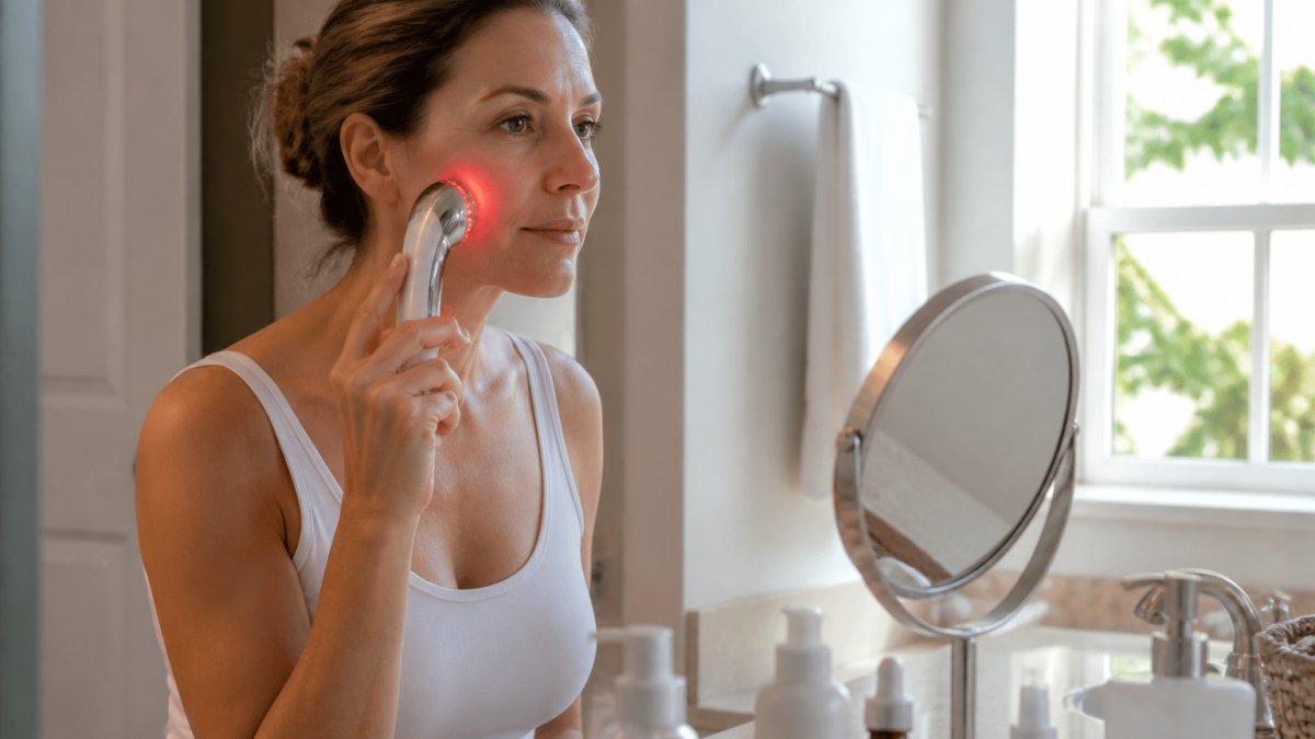 A woman in her forties sitting at a bathroom counter using a handheld red light device on her cheek, with skincare bottles and a small mirror nearby in soft natural light
