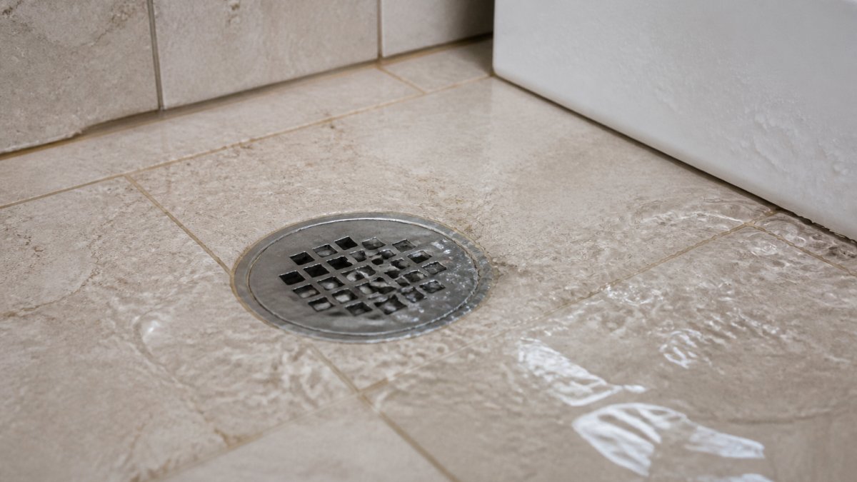Close-up of a residential bathroom floor drain with standing water and visible slow drainage, showing indoor warning signs of a sewer problem