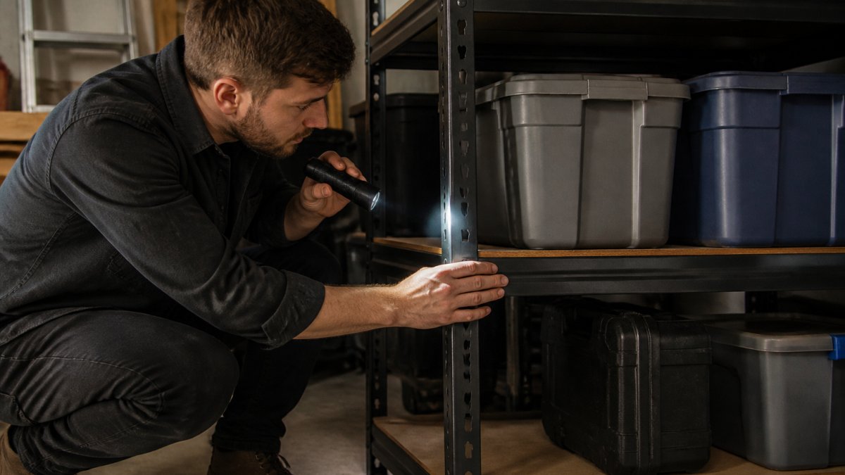 A person in a garage crouching beside a steel shelving rack, running a hand along the beam and checking a joint with a torch, with labelled storage boxes on the shelves behind them