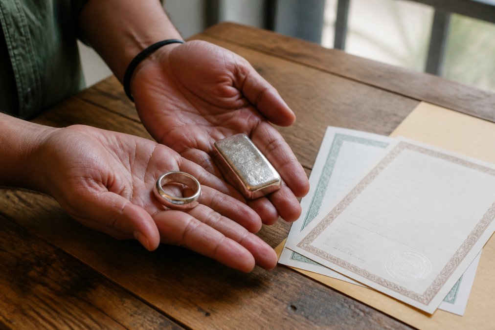 Hands holding a polished silver ring and recycled silver ingot next to certification documents on a wooden table with natural window lighting
