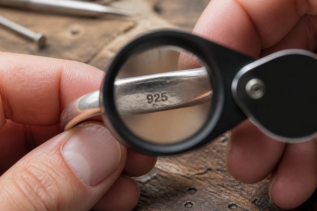 Jeweler’s loupe examining a 925 hallmark on a sterling silver ring to tell if silver is real on a wooden workbench.