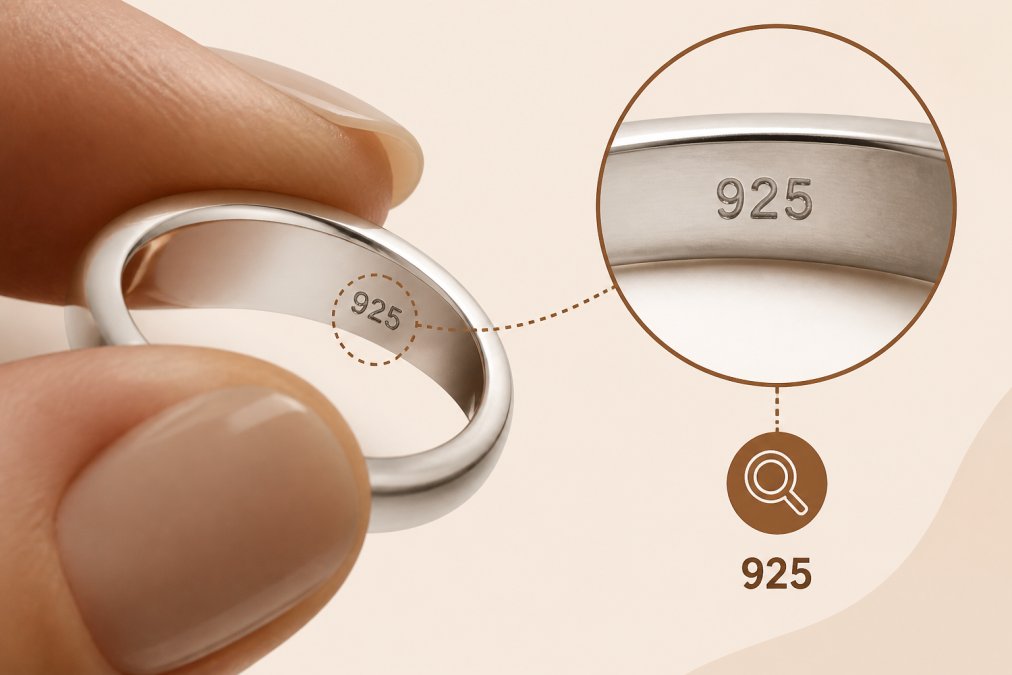 Extreme close-up of a sterling silver ring held between two fingers, showing a tiny 925 hallmark stamp engraved on the inner band, with soft natural light highlighting the silver surface