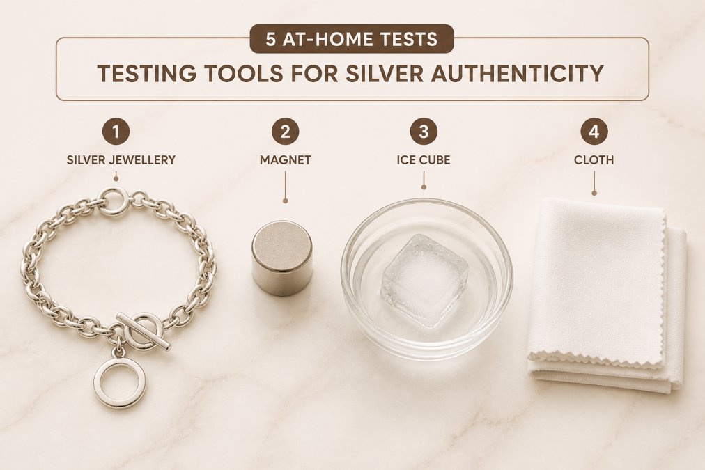 Flat lay on a white marble surface showing a silver bracelet, a small neodymium magnet, an ice cube in a small glass dish, and a folded white cloth arranged neatly as testing tools for checking silver authenticity