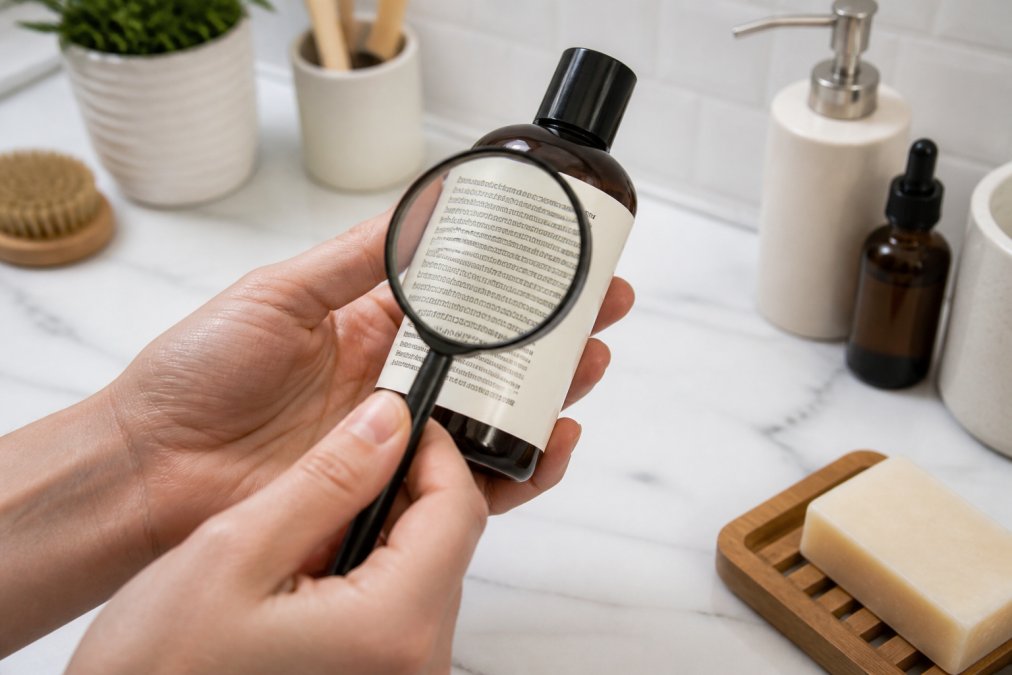 Close-up of hands holding a skincare product bottle, with a magnifying glass over the ingredient list on the back label, in a bright bathroom setting