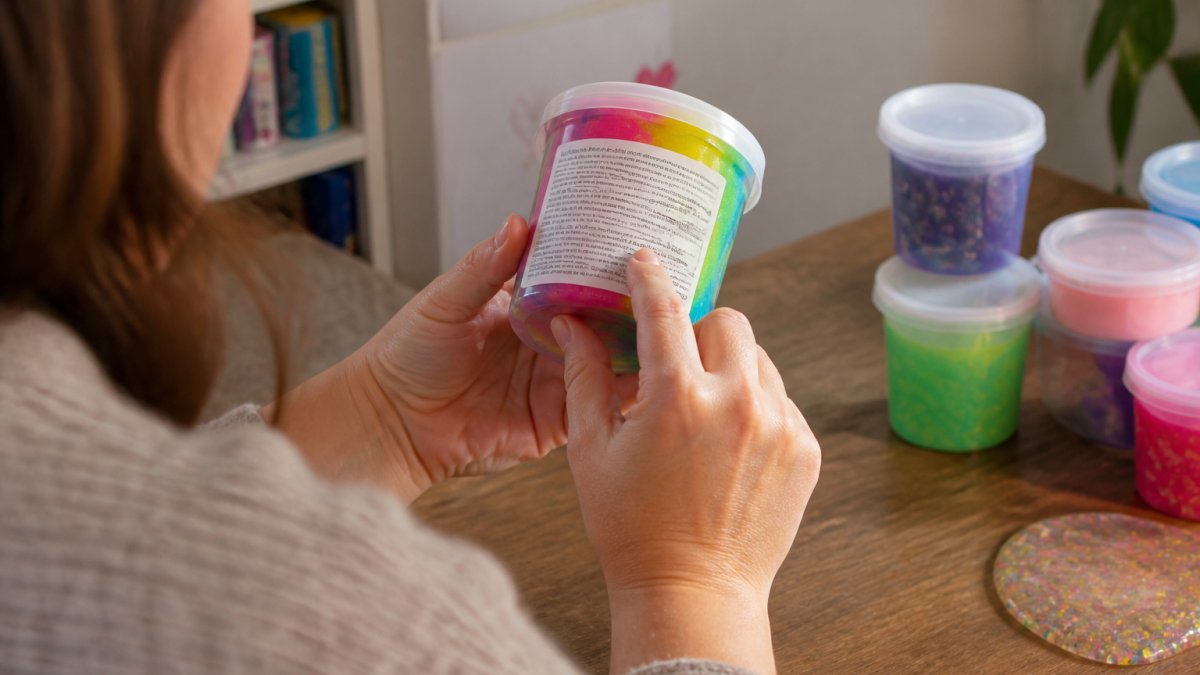 Parent's hands holding a colorful slime container and reading the ingredient label carefully under natural lighting, with label details clearly visible