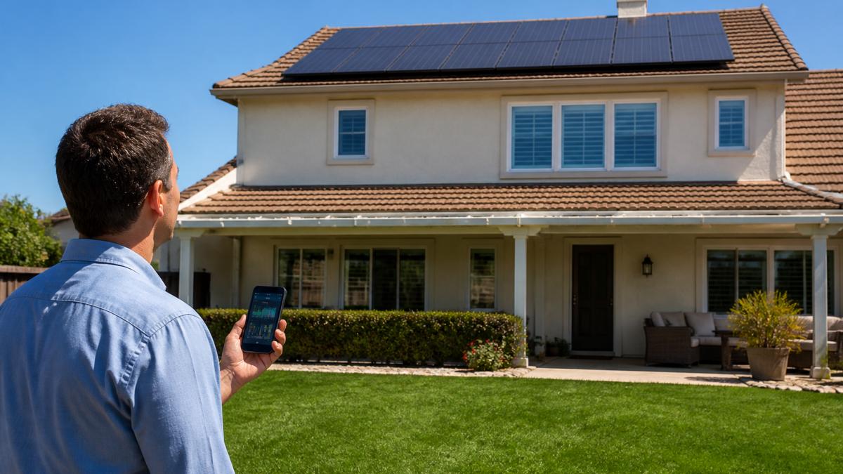 Homeowner using a monitoring app on their phone to learn how to tell if solar panels are dirty from the ground