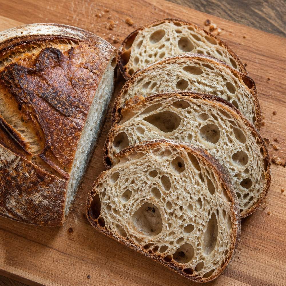 Close-up overhead shot of a sliced artisan sourdough loaf on a wooden cutting board, showing a deep brown crackled crust and an open, irregular crumb with visible air pockets, natural window light