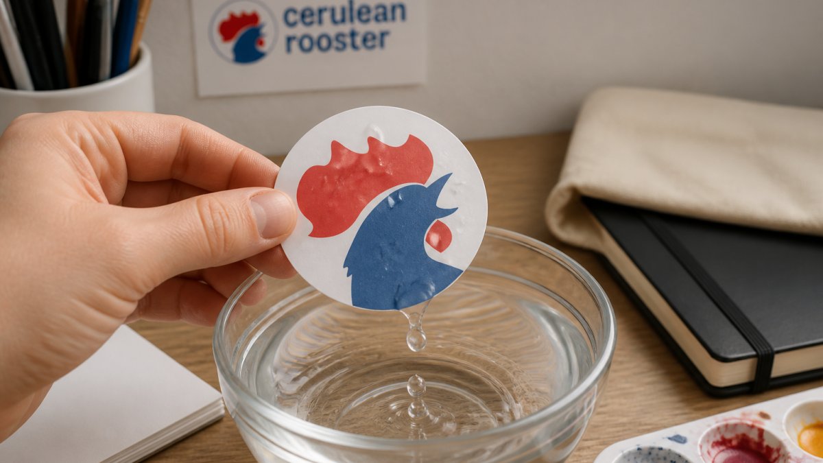 Close-up of a hand holding a vinyl sticker positioned over a small bowl of water, with water droplets beading and rolling off the sticker surface, demonstrating the water-resistance test in action