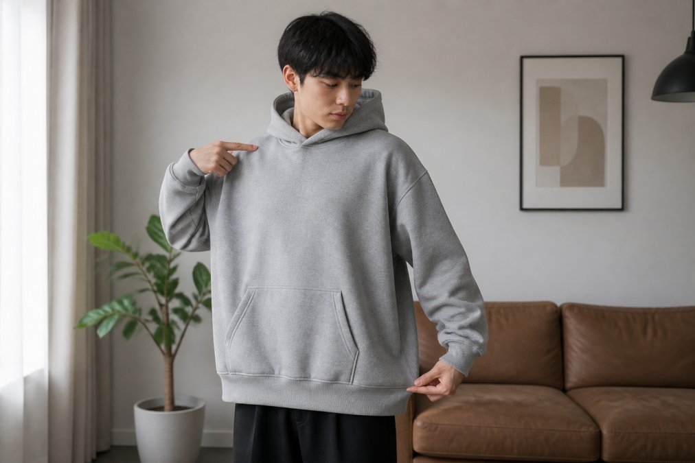 Person pointing to shoulder and hemline to show how to tell if streetwear fits oversized properly.