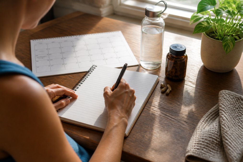 Person writing in a health journal with a calendar, water bottle, and supplement bottle on a wooden desk with natural morning light