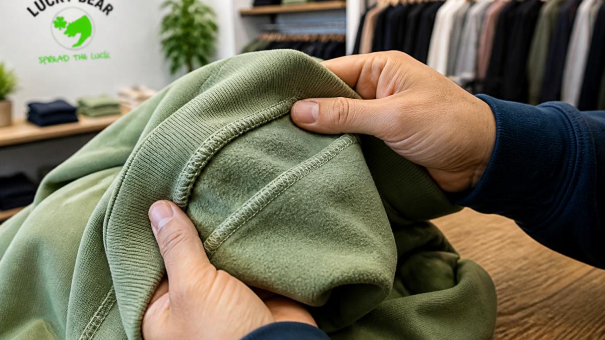 Close-up of hands inspecting the reinforced interior stitching and fabric quality of a cotton hoodie