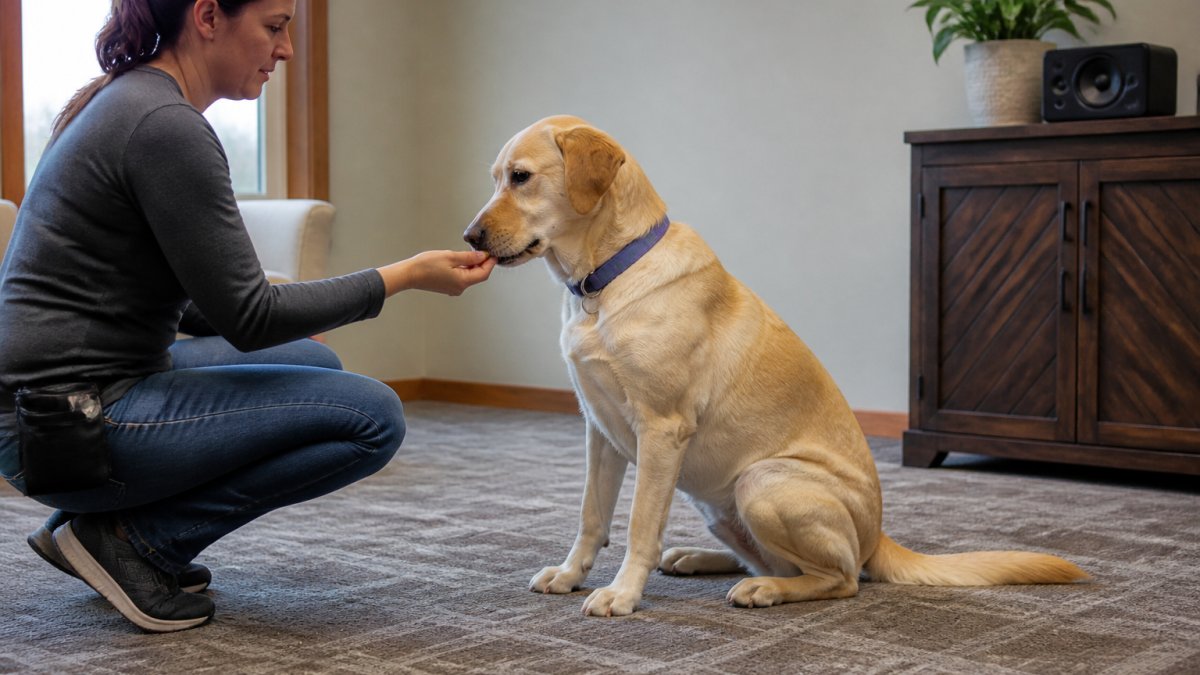 A trainer rewards a calm dog with a treat during a desensitization session to help manage dog anxiety.