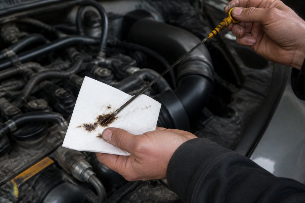 Mechanic checking a dipstick to show how to tell if transmission fluid is burnt by its dark color on a paper towel