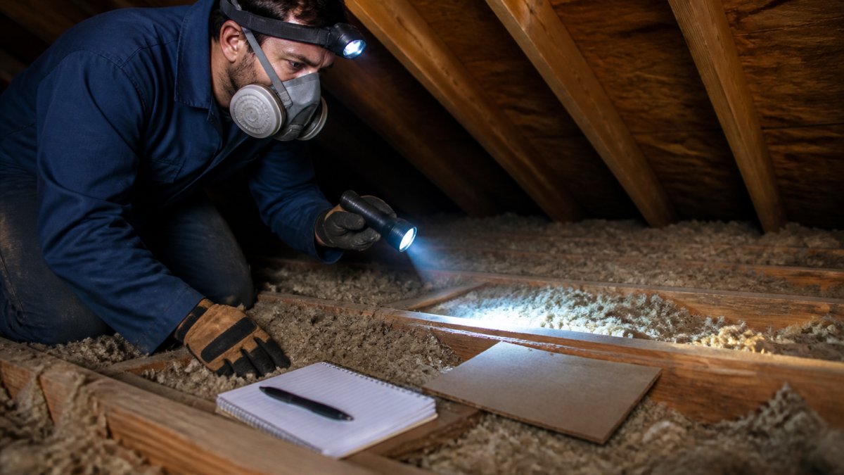Homeowner in protective gear inspecting attic joists to see how to tell if you have mice in your attic.