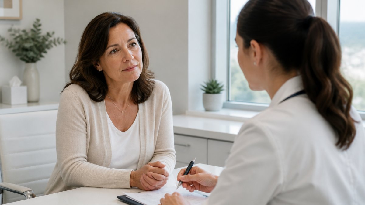 Woman in her 40s sitting in a bright medical office, speaking with a physician across a desk, appearing attentive and engaged in conversation about health concerns