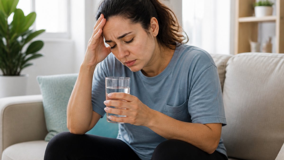 A person sitting on a couch at home, looking tired and holding a glass of water, with a concerned expression, in a bright living room