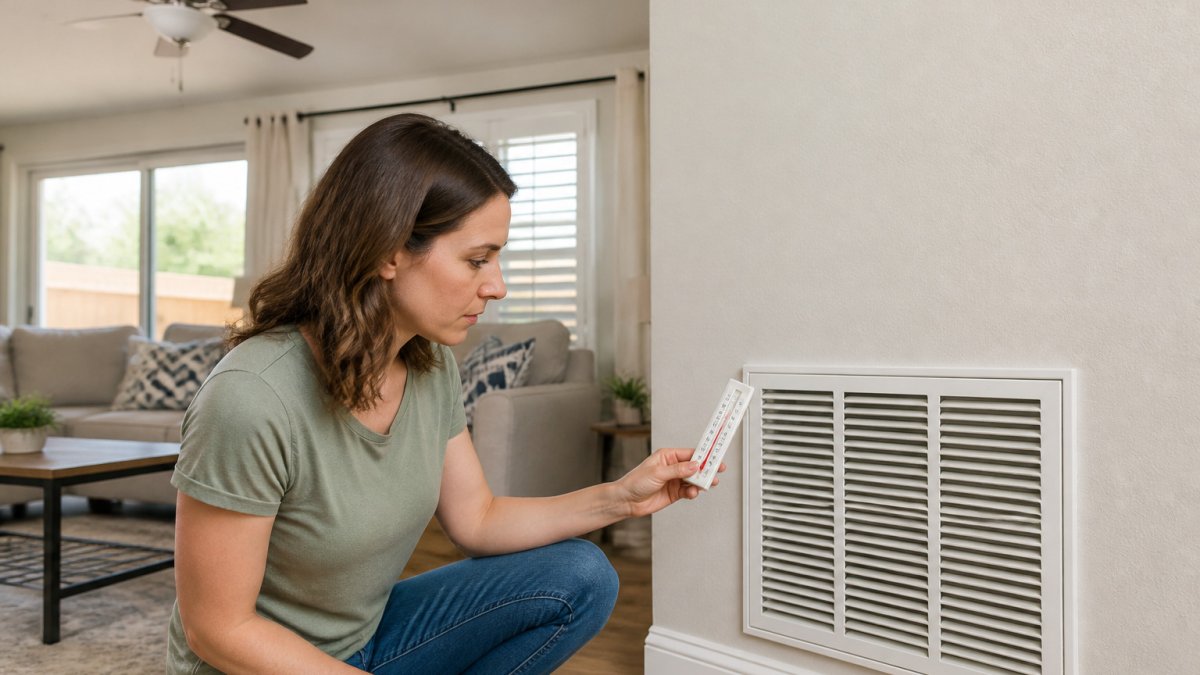 Homeowner using a thermometer to check air output if an ac unit too small is suspected