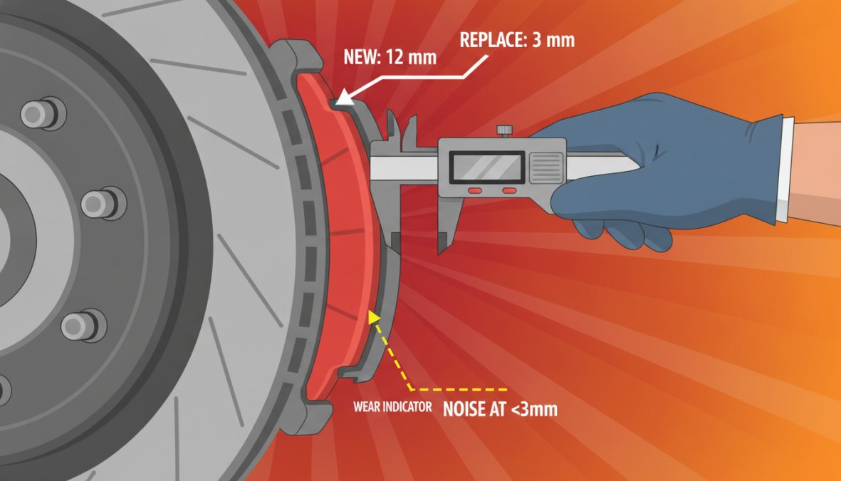 Close-up of a mechanic's gloved hand using a metal calliper to measure brake pad thickness through the wheel spokes of a car, workshop lighting illuminating the brake assembly clearly