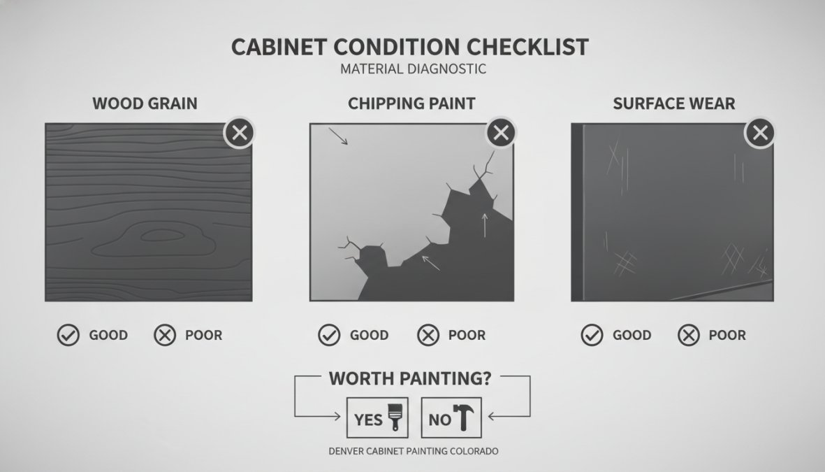 Close-up of cabinet door surface showing wood grain texture, visible chipping paint, and surface wear patterns on real kitchen cabinets with natural lighting