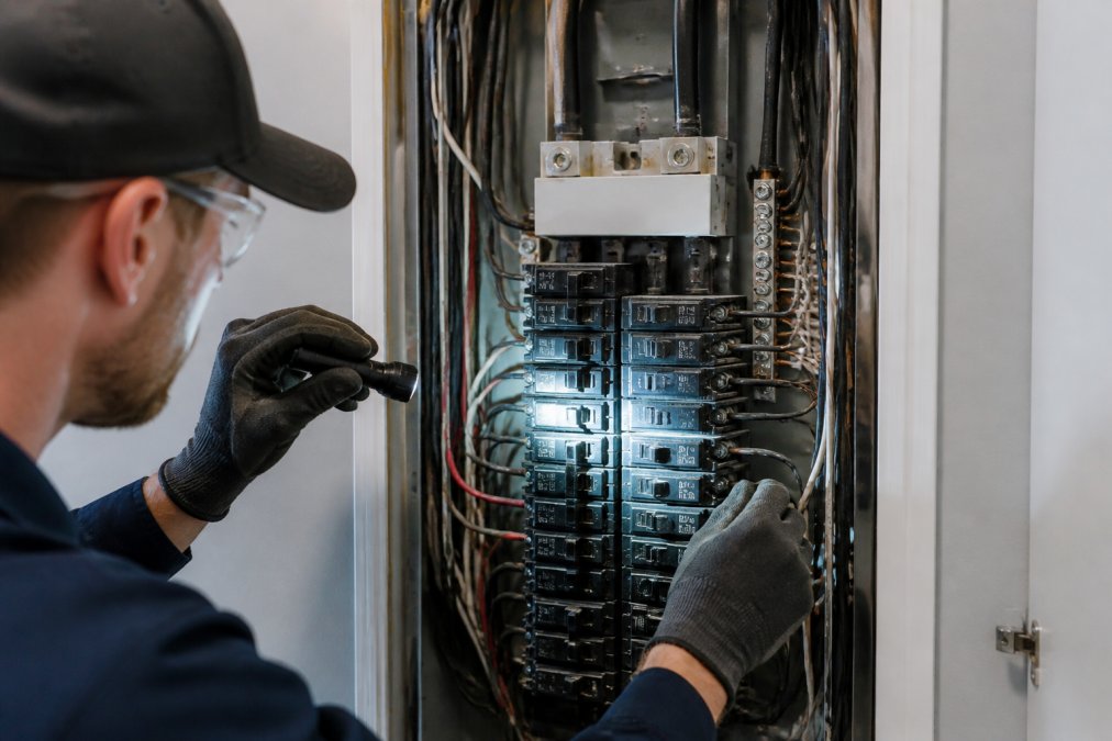 Electrician's hands carefully inspecting the interior of an open electrical panel box, examining circuit breakers and wiring connections with a flashlight, showing the complexity of modern electrical systems