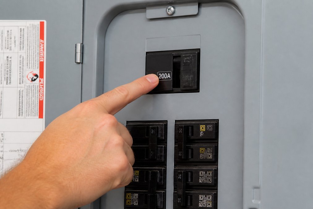 Close-up photograph of an electrician pointing to the amperage rating label on the main breaker switch of an electrical panel, with clear visibility of the "100 AMP" or "200 AMP" marking on the breaker