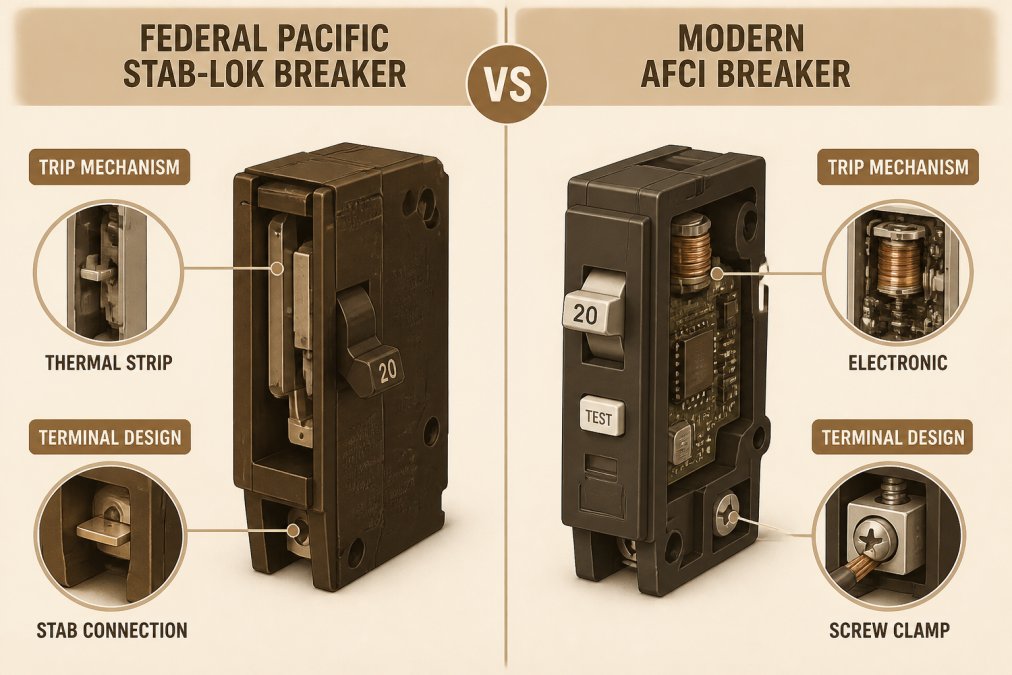 Comparison diagram of Federal Pacific and modern AFCI breakers for electrical panel replacement projects.
