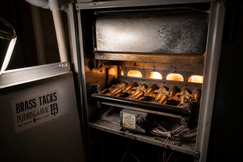 Close-up of a gas furnace burner flame with a yellow tint inside a residential furnace cabinet, showing visible wear and discoloration on the heat exchanger, illuminated by a work light in a dim basement utility room
