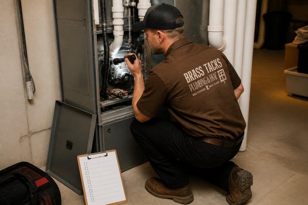 A licensed HVAC technician in a uniform kneeling beside a residential furnace in a basement utility room, inspecting internal components with a flashlight while a clipboard with a maintenance checklist rests on the floor nearby, under bright fluorescent lighting