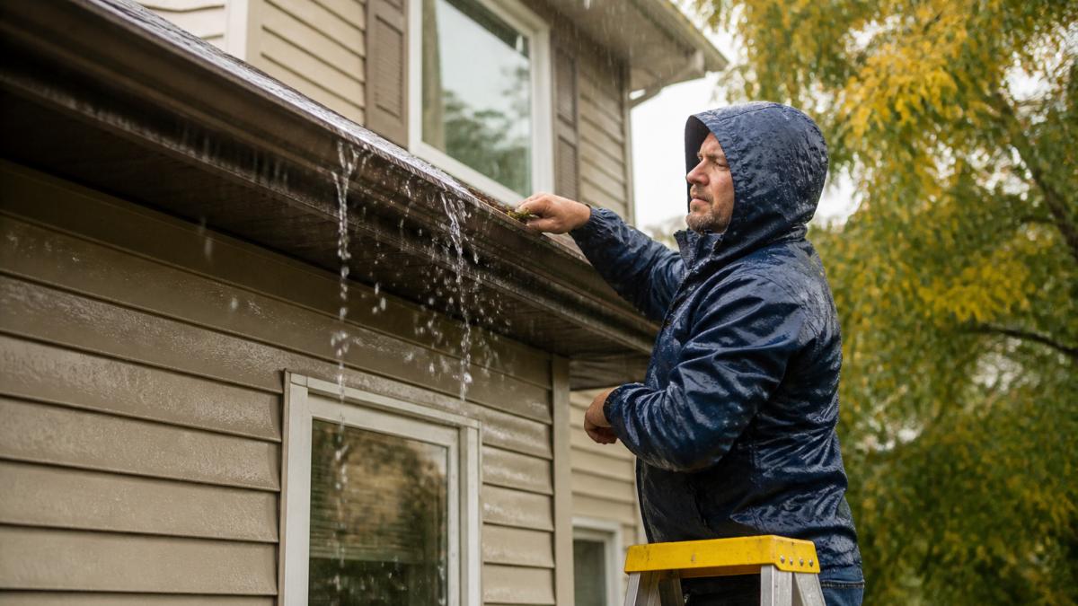 A homeowner in a rain jacket standing on a stepladder inspecting the eavestrough along the edge of a two-story house, water visibly overflowing at the seam during a steady rain, with wet siding in the background