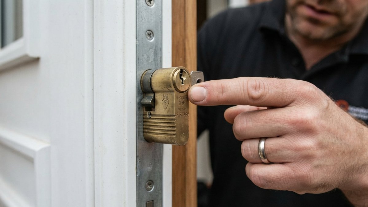 Close-up of a euro cylinder lock showing TS007 3-star markings and anti-snap reinforcement ridges, with a hand pointing to the security indicators on the cylinder body