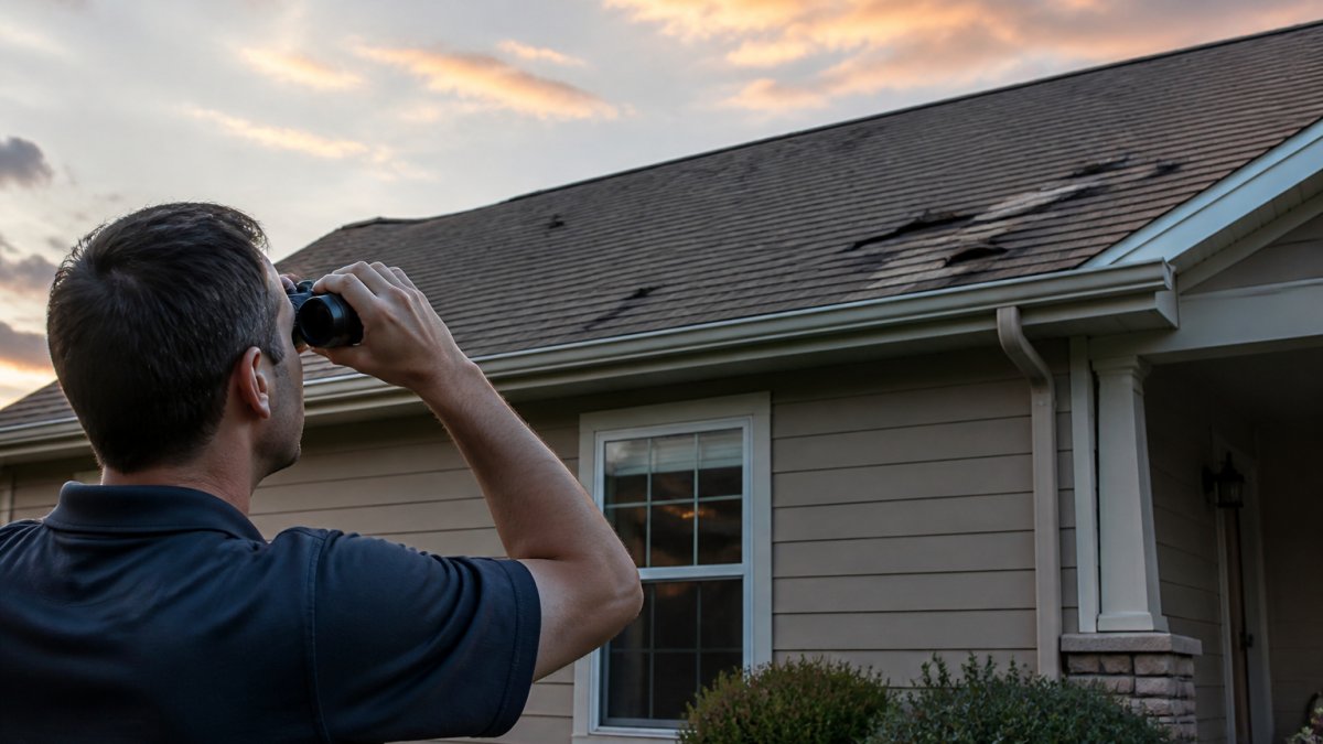 A homeowner standing on a front lawn at dusk, looking up at an asphalt shingle roof with visibly curled and missing shingles, holding a pair of binoculars