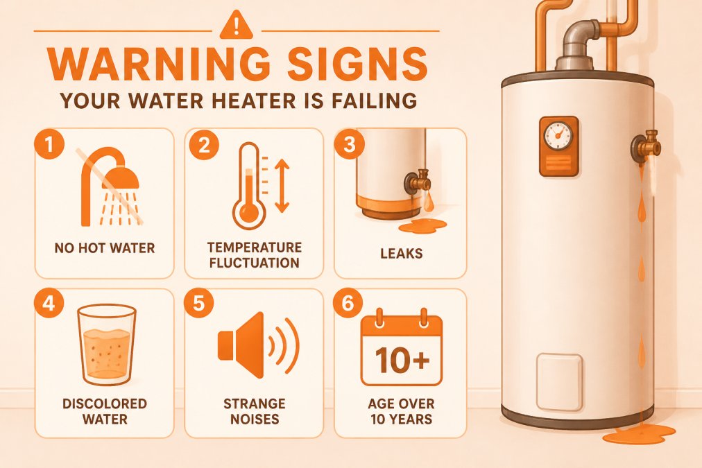 Checklist diagram showing 6 warning signs of failing water heater: no hot water, temperature fluctuation, leaks, discolored water, strange noises, age over 10 years