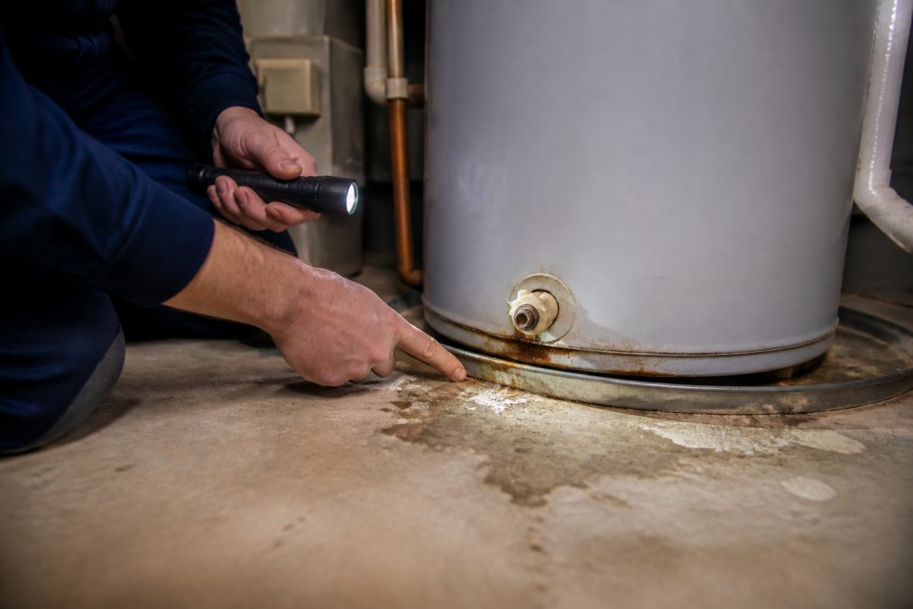 Professional technician's hands inspecting the base of a water heater tank, pointing to moisture and sediment buildup around the drain valve area with a flashlight in a residential basement setting