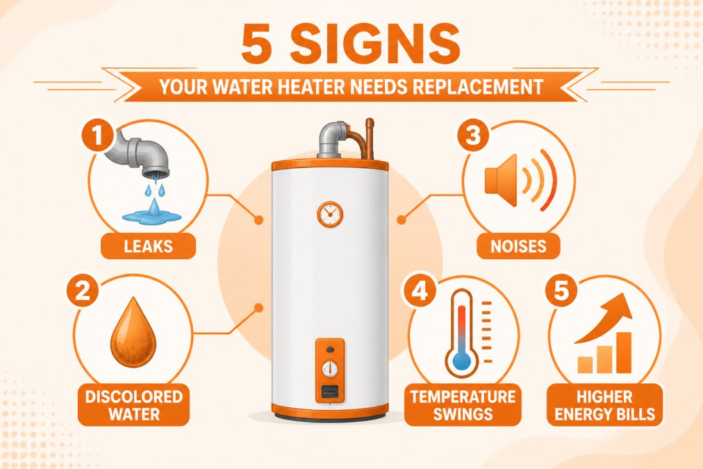 Diagram showing 5 warning signs with icons: water puddle for leaks, rust-colored droplet for discolored water, sound waves for noises, thermometer for temperature swings, and upward arrow for energy bills