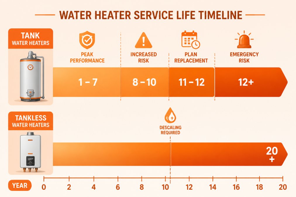 Timeline showing water heater service life from year 0 to 20: tank models peak at years 1-7 (labeled "Peak Performance"), decline years 8-10 (labeled "Increased Risk"), high failure years 11-12 (labeled "Plan Replacement"), and beyond year 12 (labeled "Emergency Risk"); tankless models shown extending to year 20 with "Descaling Required" marked at year 10