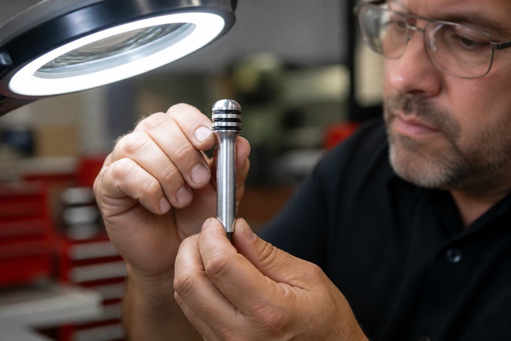 Professional technician examining a precision-machined billet aluminum door lock knob under bright LED lighting, with hands showing surface finish details and tooling marks clearly visible
