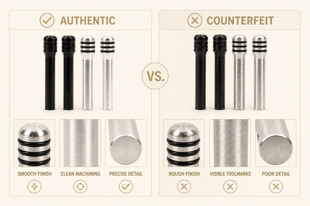 Side-by-side comparison showing authentic precision-machined billet door lock knobs and inferior counterfeit parts, with visible differences in surface finish, tooling marks, and overall detail clarity