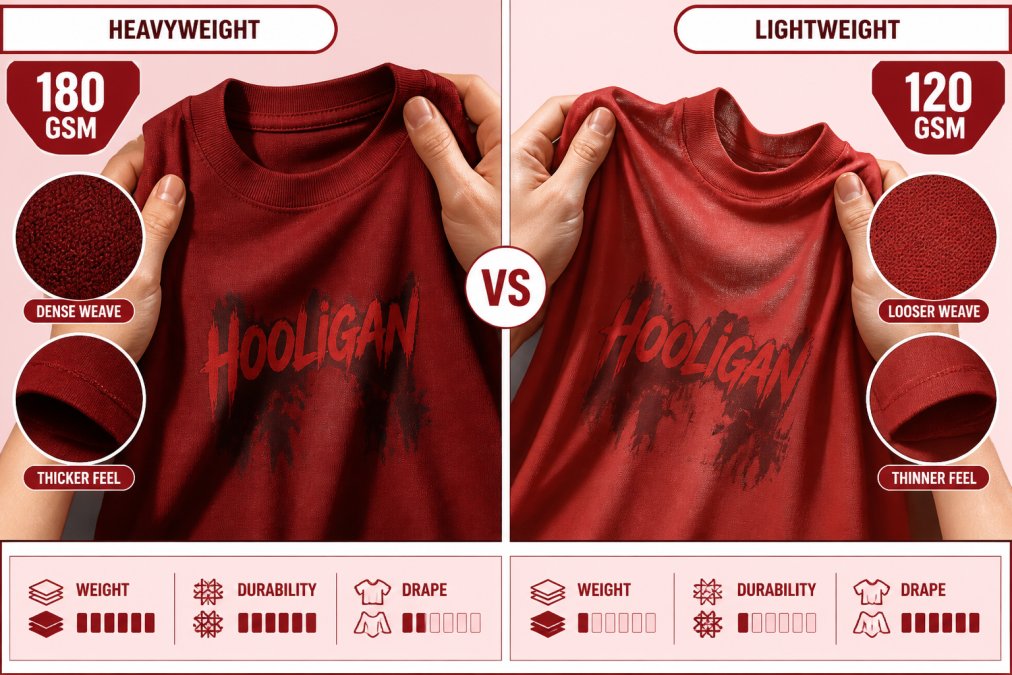 Close-up of hands holding two different graphic tees side-by-side, showing visible difference in fabric weight and drape, with natural sunlight highlighting the weave density and texture